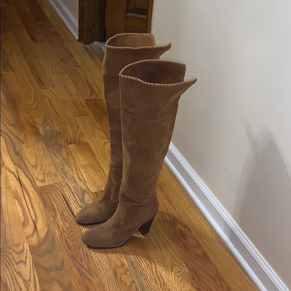 Shoes - Dolce V. Tan Suede Over the Knee Boots Wood Heel 8